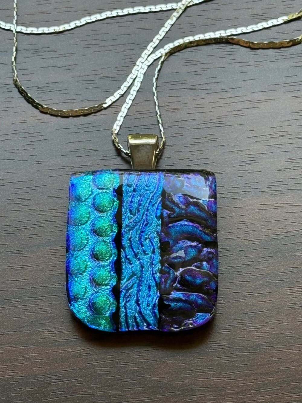 Bold Fused Dichroic Glass Pendant Necklace in Blue, Green, and Purple